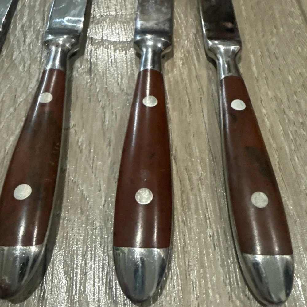 Chefs Dinner Steak Knives Stainless Steel Bistro Woodgrain‎ Brown Set of 4